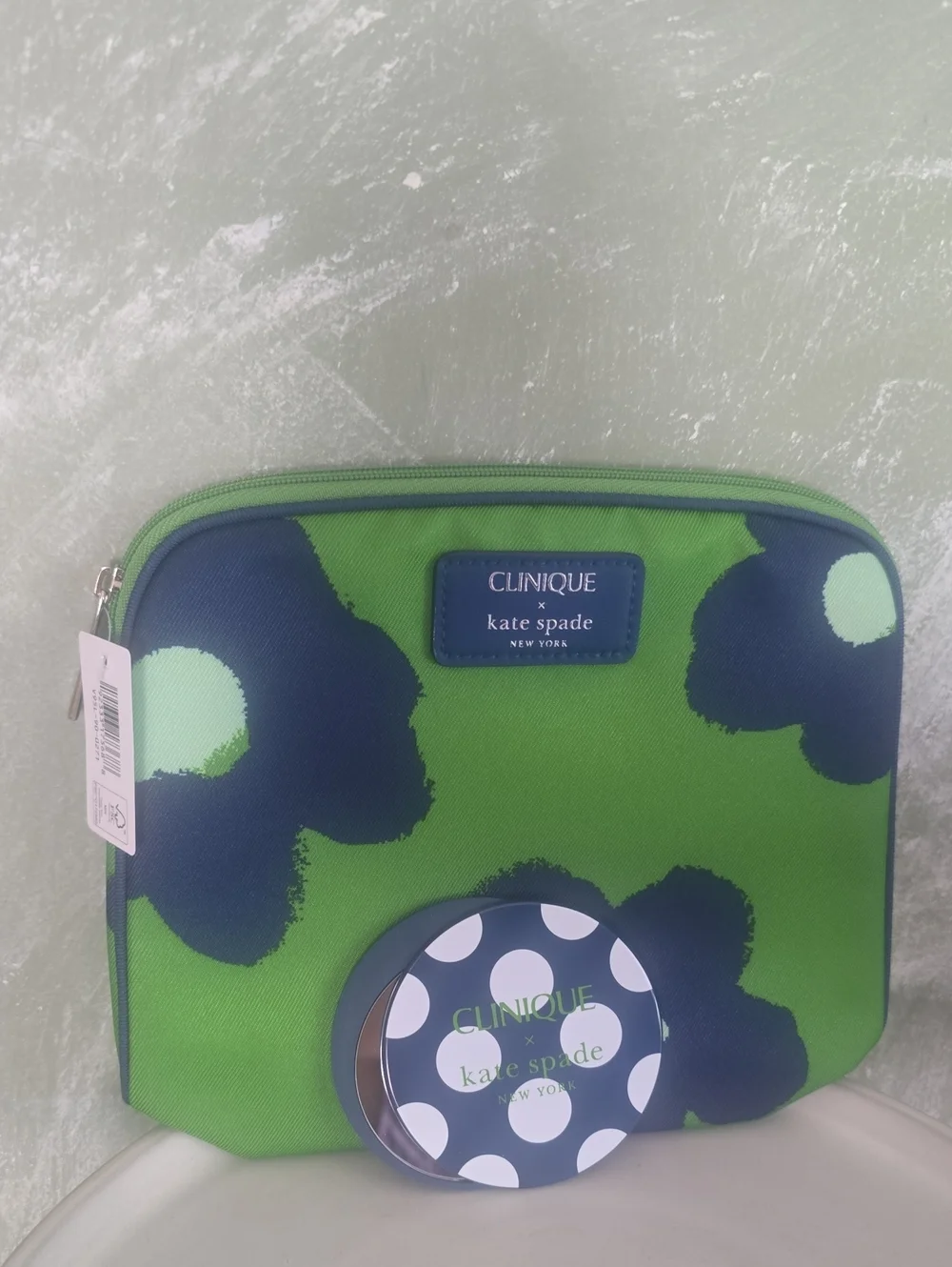 Clinique X Kate Spade  Green & Navy Floral Cosmetic Pouch & Compact Mirror New